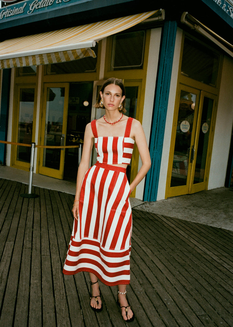 RHODE Nadine Twill A-Line Midi Skirt | Brick Cabana Stripe