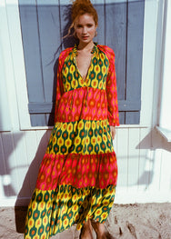 RHODE Cosima Tiered Maxi Dress | Pink & Yellow Palladio Ikat Colorblock
