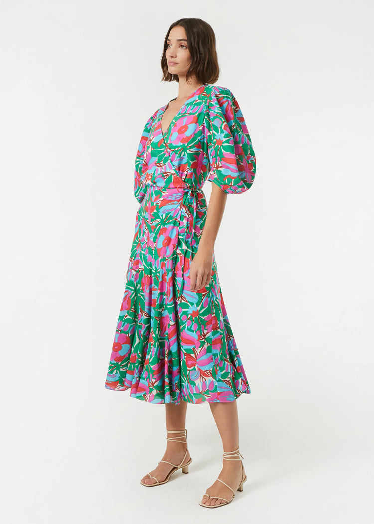 Organic Cotton Floral Print Fiona Midi Wrap Dress | Blue Psychedelic ...