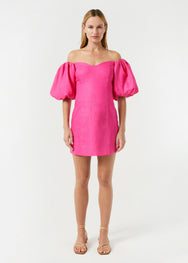 RHODE Linen Dali Puff Sleeve Mini Dress | Hot Pink