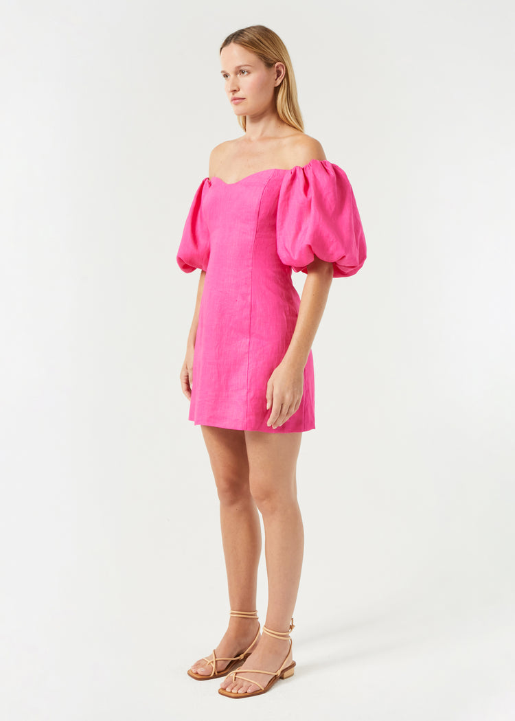 RHODE Linen Dali Puff Sleeve Mini Dress | Hot Pink