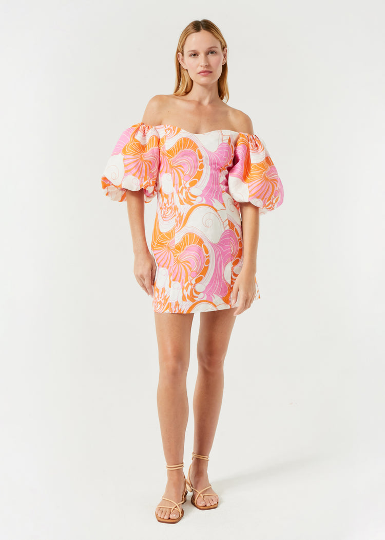 RHODE Linen Dali Puff Sleeve Mini Dress | Pink Deco Surf 