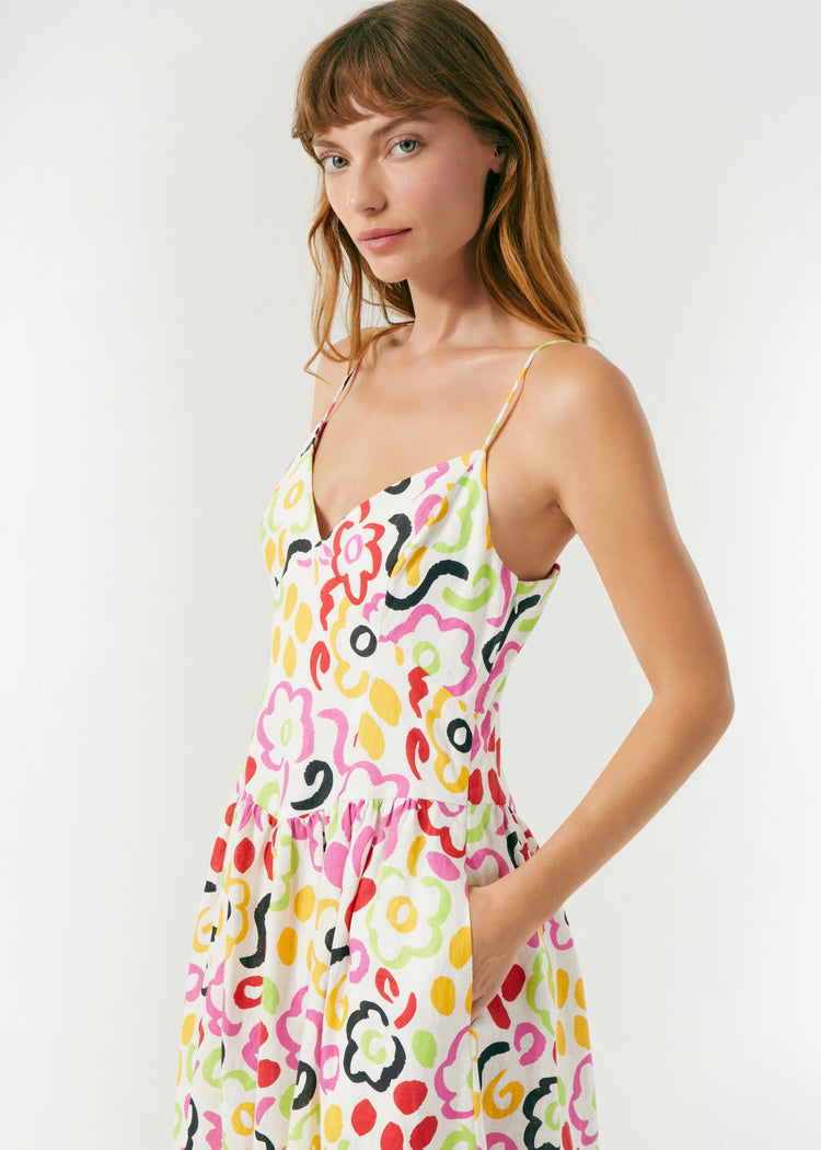 RHODE Linen Sophie Floral Midi Dress | Painted Bloom 