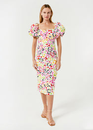 RHODE Linen Tessa Puff Sleeve Midi Dress | Painted Bloom 