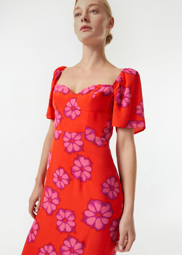 RHODE Flutter Sleeve Ramona Sweetheart Neck Midi Dress | Scarlet Bombay Bloom