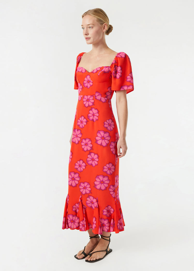 RHODE Flutter Sleeve Ramona Sweetheart Neck Midi Dress | Scarlet Bombay Bloom