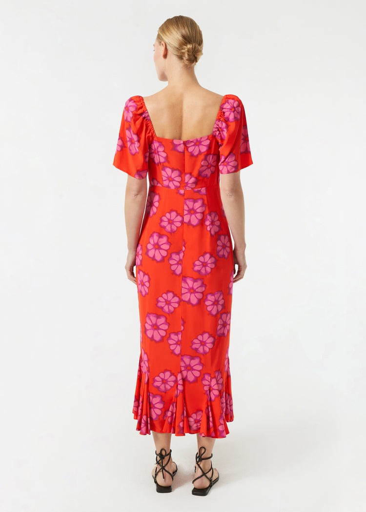 RHODE Flutter Sleeve Ramona Sweetheart Neck Midi Dress | Scarlet Bombay Bloom