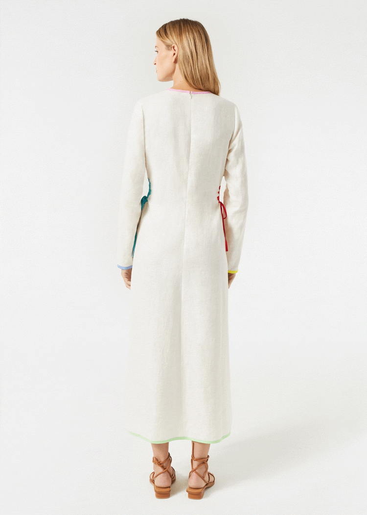 Thierry Dress | Macadamia With Rainbow Piping