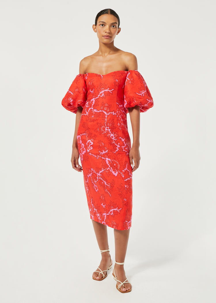 Linen Karima Dress | Scarlet Coral Reef