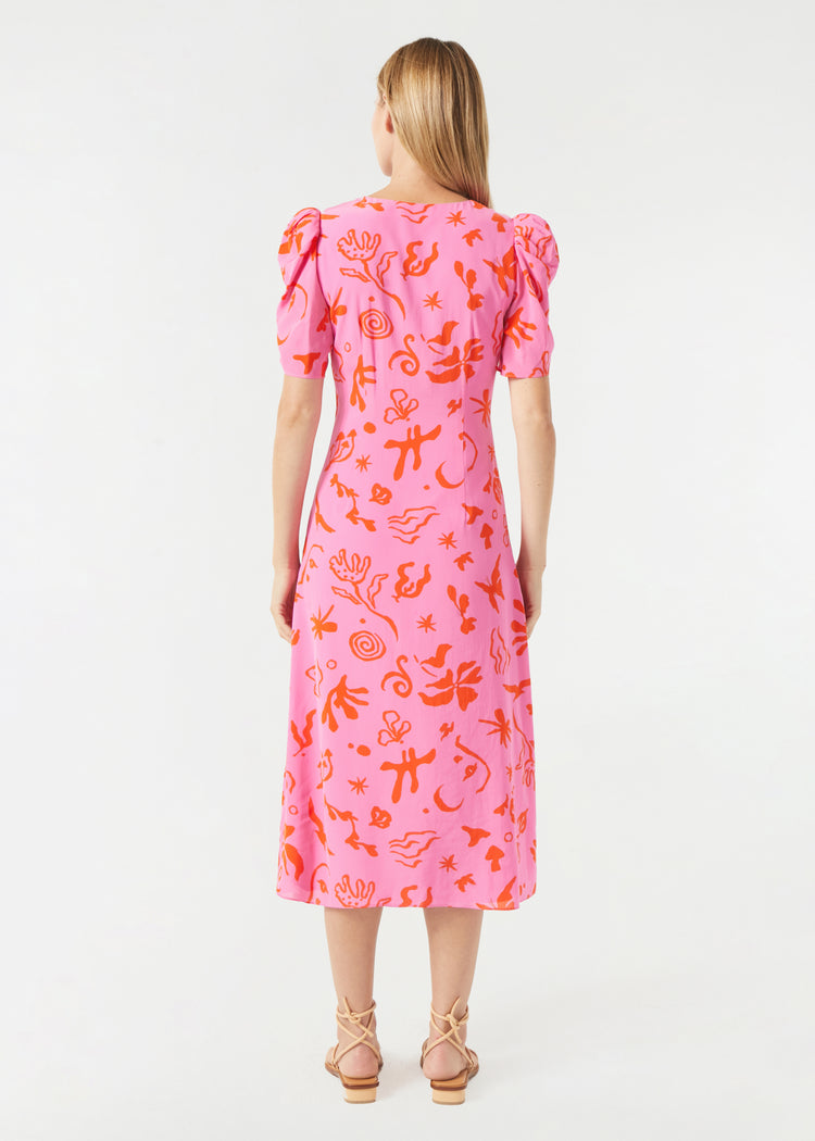 RHODE Maci V-Neck Midi Dress Pink Botanical Abstract