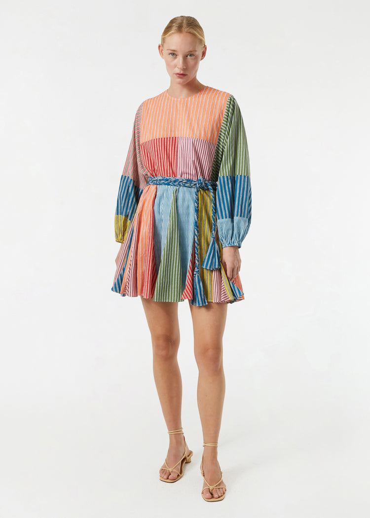 RHODE Ella Ruffle Mini Dress | Multi Stripe Patchwork