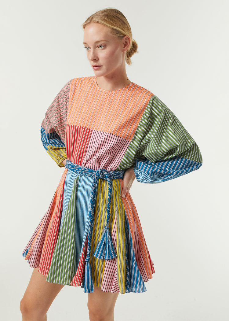 RHODE Ella Ruffle Mini Dress | Multi Stripe Patchwork