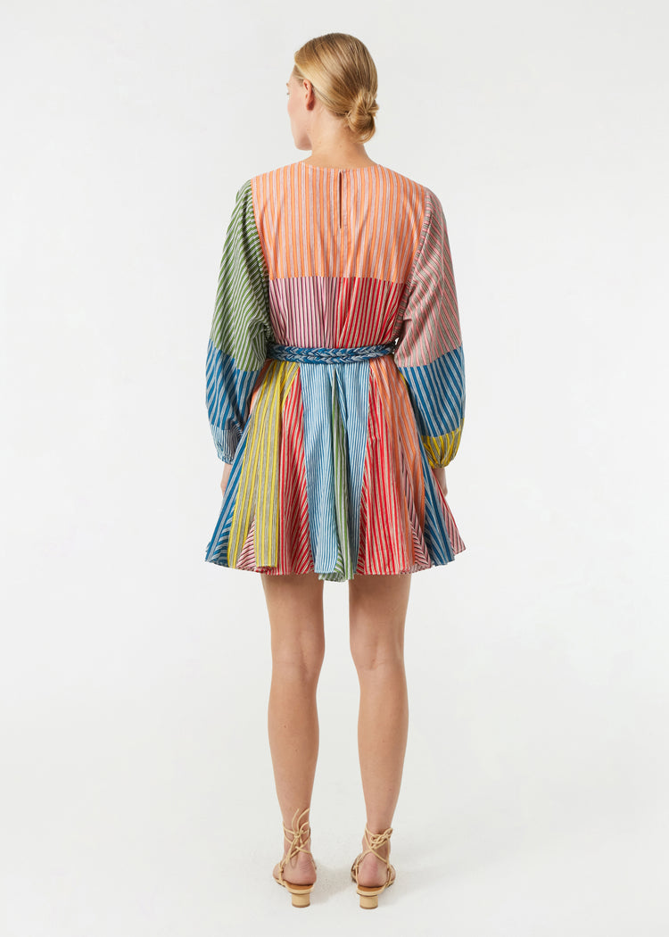 RHODE Ella Ruffle Mini Dress | Multi Stripe Patchwork