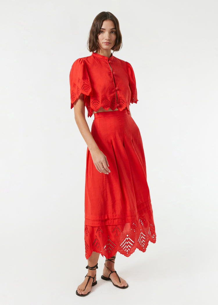 RHODE Luis A-Line Midi Skirt | Scarlet Eyelet