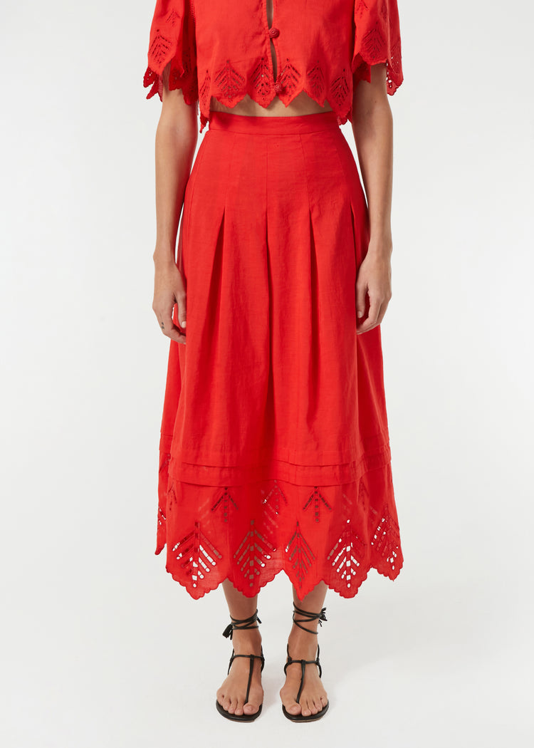 RHODE Luis A-Line Midi Skirt | Scarlet Eyelet