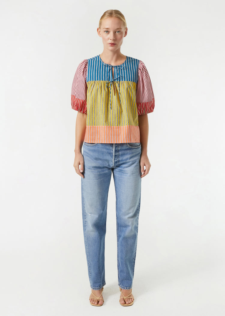 RHODE Organic Cotton Javier Puff Sleeve Blouse | Multi Stripe Patchwork