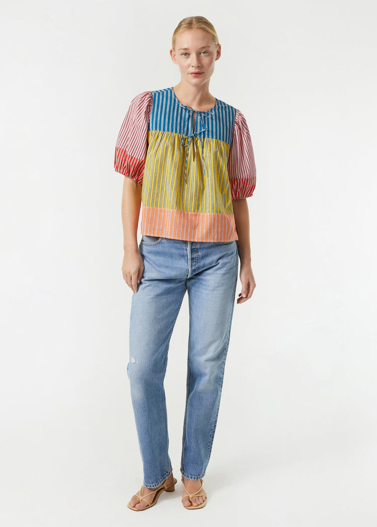 RHODE Organic Cotton Javier Puff Sleeve Blouse | Multi Stripe Patchwork