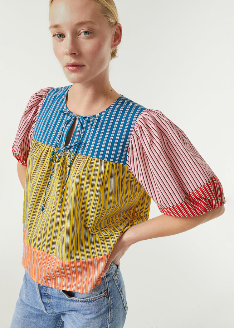 RHODE Organic Cotton Javier Puff Sleeve Blouse | Multi Stripe Patchwork