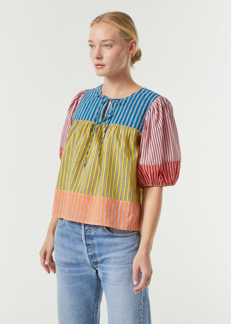 RHODE Organic Cotton Javier Puff Sleeve Blouse | Multi Stripe Patchwork