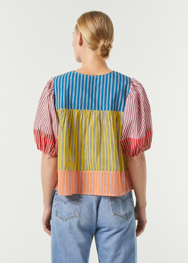 RHODE Organic Cotton Javier Puff Sleeve Blouse | Multi Stripe Patchwork